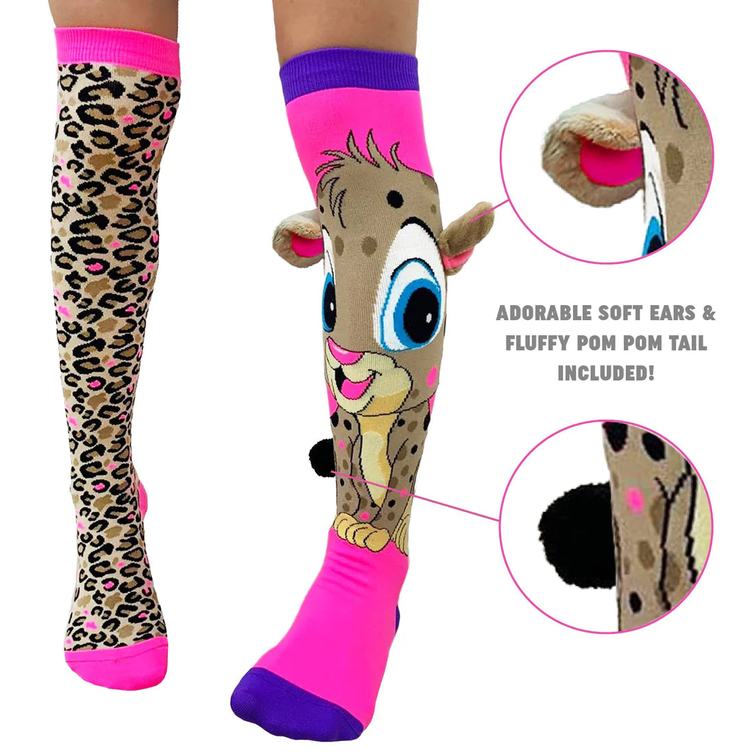 With our Cheeky Cheetah Socks in leopard print, embrace your wild side. They'll instantly make any outfit stand out thanks to their textured leopard style and real Cheetah with velvet ears and a pom pom tail. Roar!