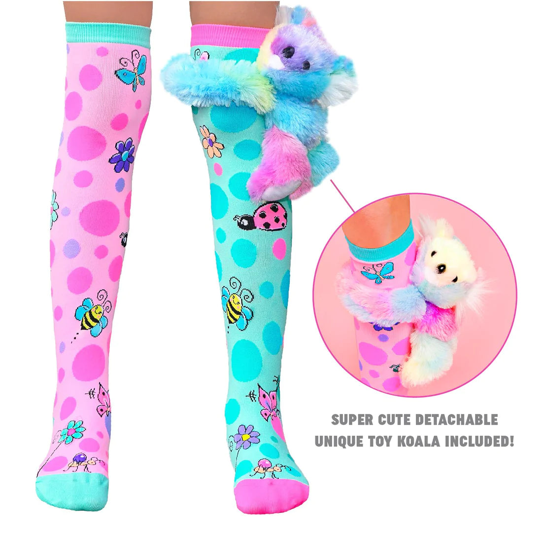This cute pair of fluffy koala socks will give you the biggest and best KOALATY cuddles. You can play with the Koala toy or wear it as an ornament around your wrist. These socks and toy are not only a wonderful addition to your personal collection of socks, but they also make wonderful presents for your loved ones.