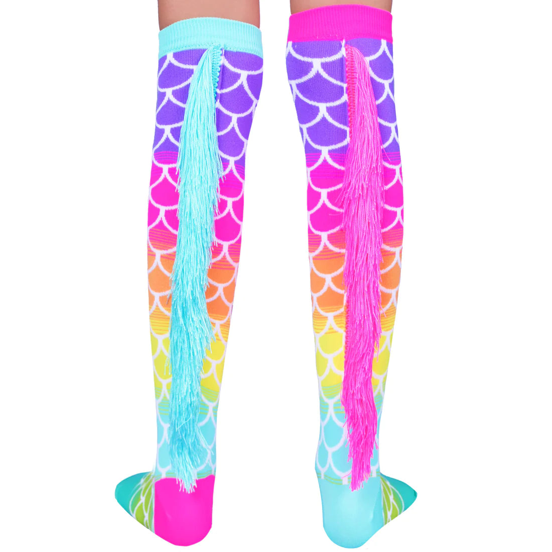 In my MADMIA Mermaid Socks, I'll just be a mermaid for the day even though I'm going to change the world.  Embrace your inner mermaid with these mix-and-match MADMIA Mermaid Socks in blue and pink with a matching scale design. With tassels that will cause you to dance and move like a mermaid.