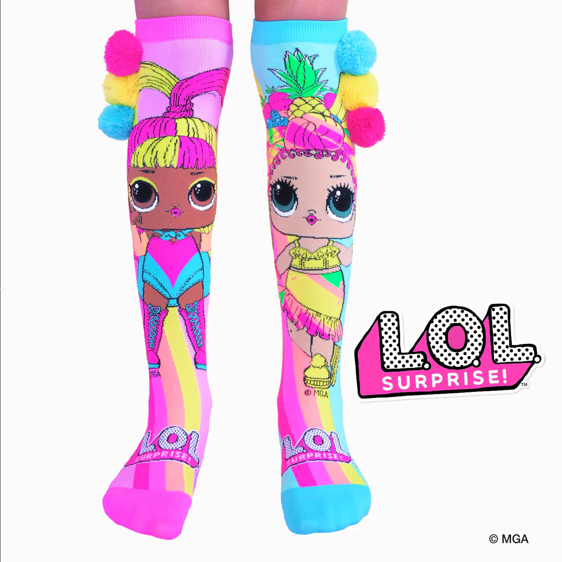 These adorable LOL SURPRISE & MADMIA CHICA & GLOW Socks will make everyone happy. This colourful pair of fun lol surprise socks make a striking statement thanks to its daring style, vibrant colours, and side-attached unique Pom Poms.