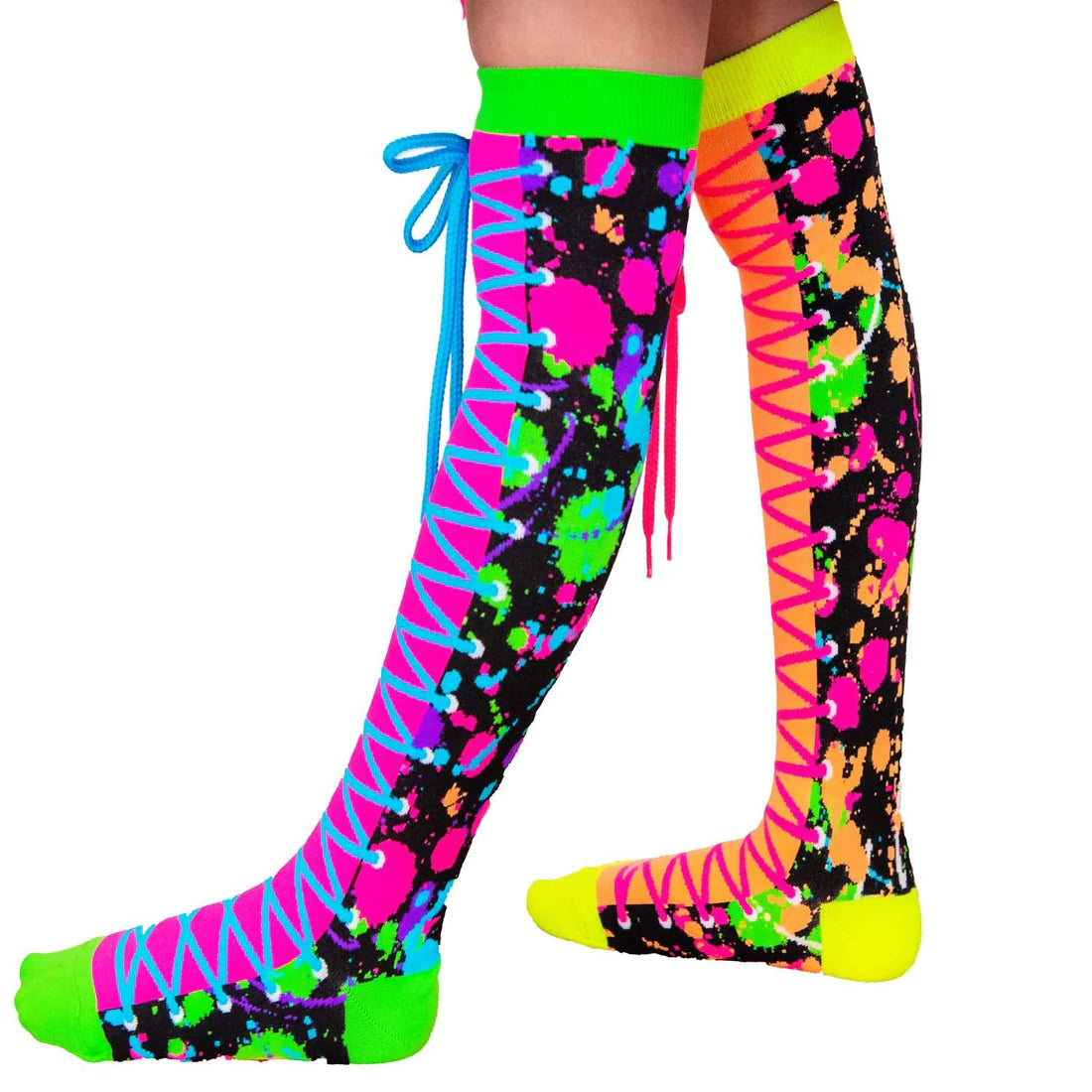 Make a statement wearing these vibrant, entertaining, and creative MADMIA Colour Run Socks. MADMIA Colorful Crazy Socks will make your day better with their cool paint splatter design and real neon shoelaces! So feel free to express yourself with these colourful, fun socks that also glow in UV light.