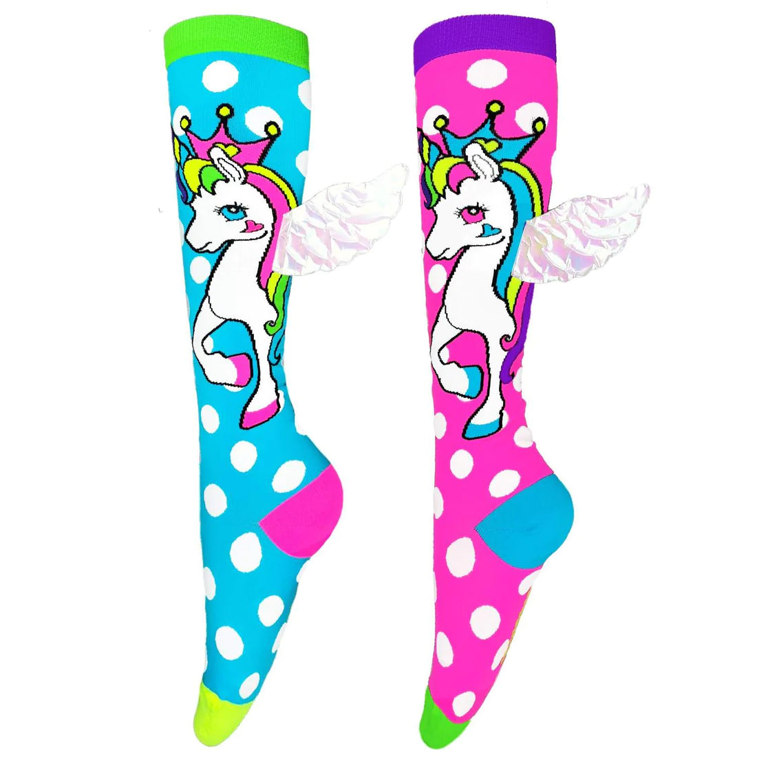 Can we simply live like unicorns all day long? Sure, we can! Have our MADMIA Flying Unicorn socks on.   MADMIA Flying Unicorn socks come in a variety of colors, including blue and pink, and include polka dots and a unicorn print. Including wings so you may dance while feeling like you're flying!