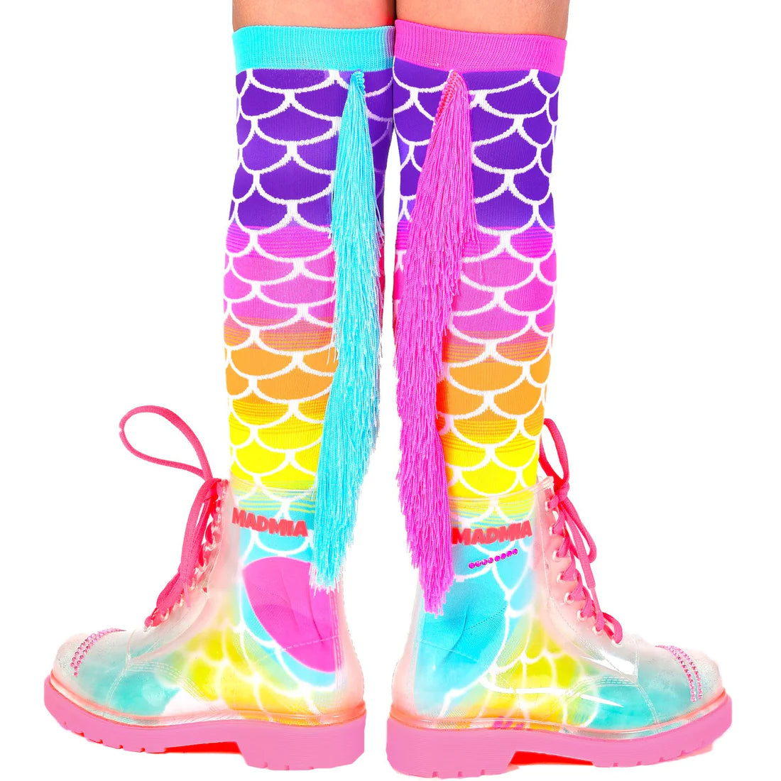 In my MADMIA Mermaid Socks, I'll just be a mermaid for the day even though I'm going to change the world.  Embrace your inner mermaid with these mix-and-match MADMIA Mermaid Socks in blue and pink with a matching scale design. With tassels that will cause you to dance and move like a mermaid.