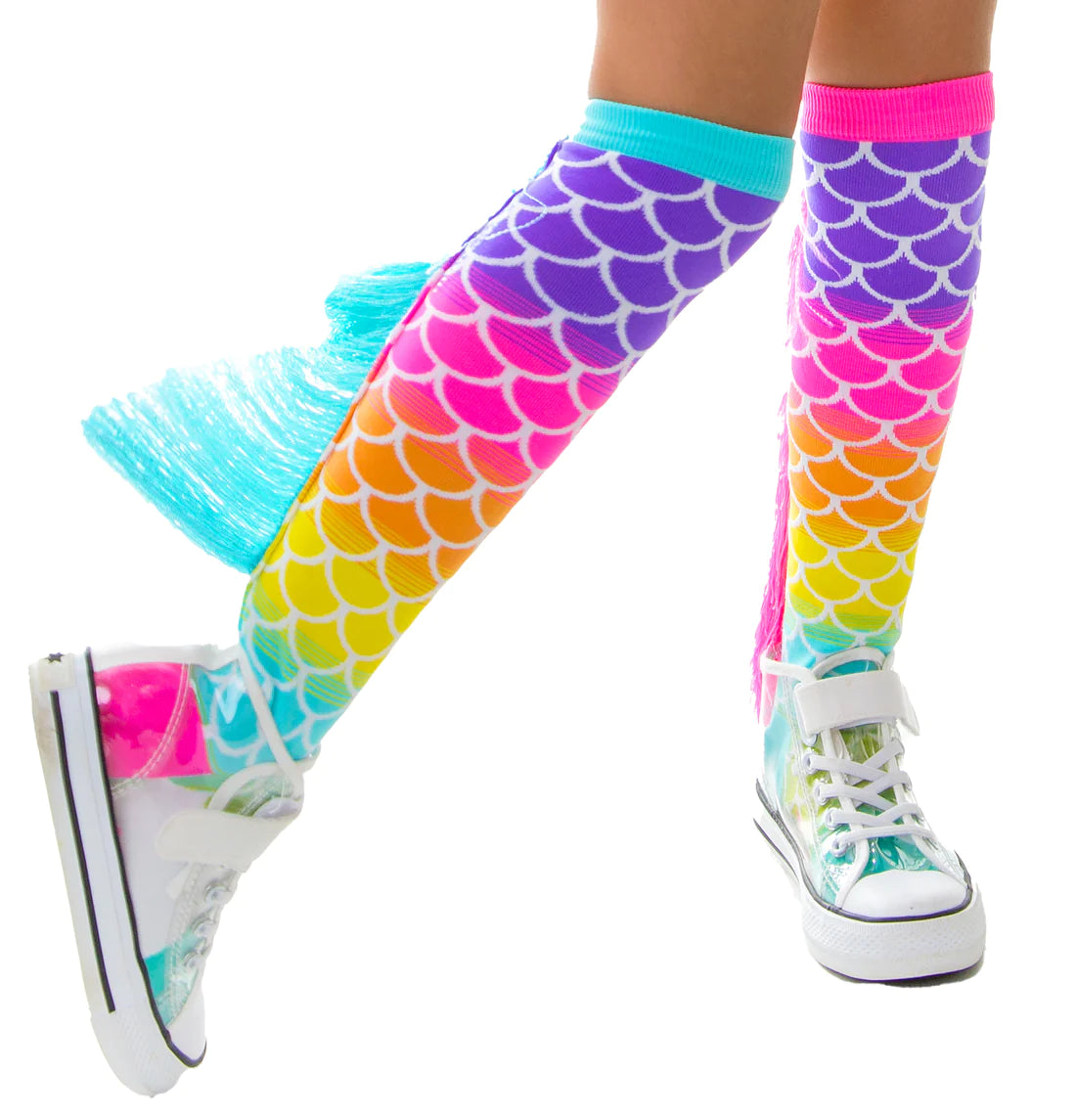 In my MADMIA Mermaid Socks, I'll just be a mermaid for the day even though I'm going to change the world.  Embrace your inner mermaid with these mix-and-match MADMIA Mermaid Socks in blue and pink with a matching scale design. With tassels that will cause you to dance and move like a mermaid.