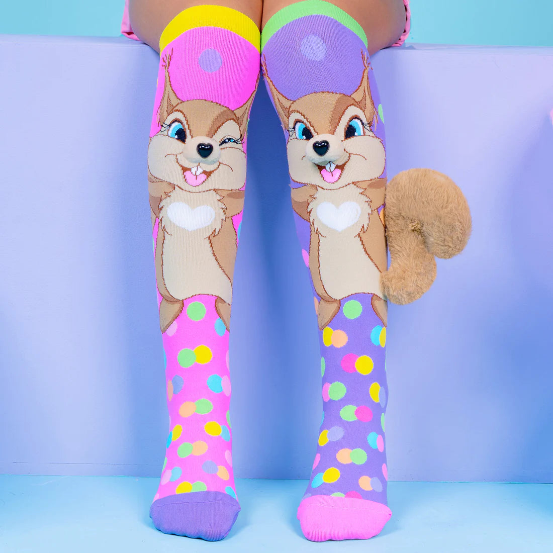 Presenting the all-new MADMIA Squirrel Socks. Overload of cuteness! These socks are brimming with cuteness and charm, ideal for any day, and feature custom-made love heart noses and fluffy tails.