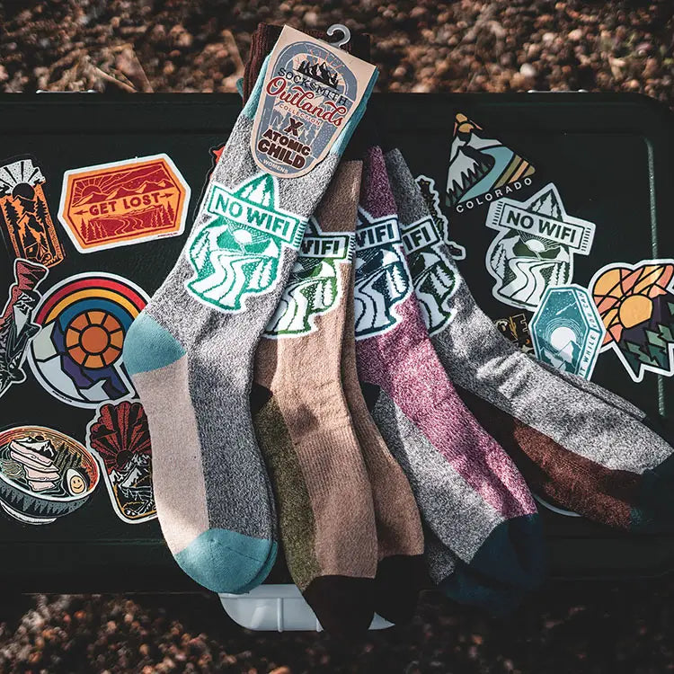 "Step up your hiking game with these berry-licious hiking socks! These 'No Wifi' women's socks are perfect for a tech-free adventure in the great outdoors, while keeping your feet comfy and stylish!