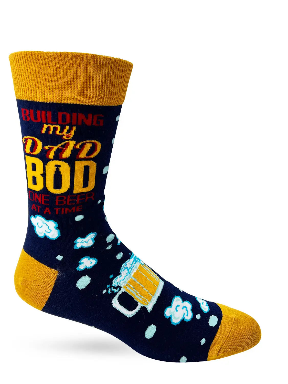 Funny men's novelty crew socks with the saying "Building My Dad Bod One Beer At A Time." Stylish and comfortable!