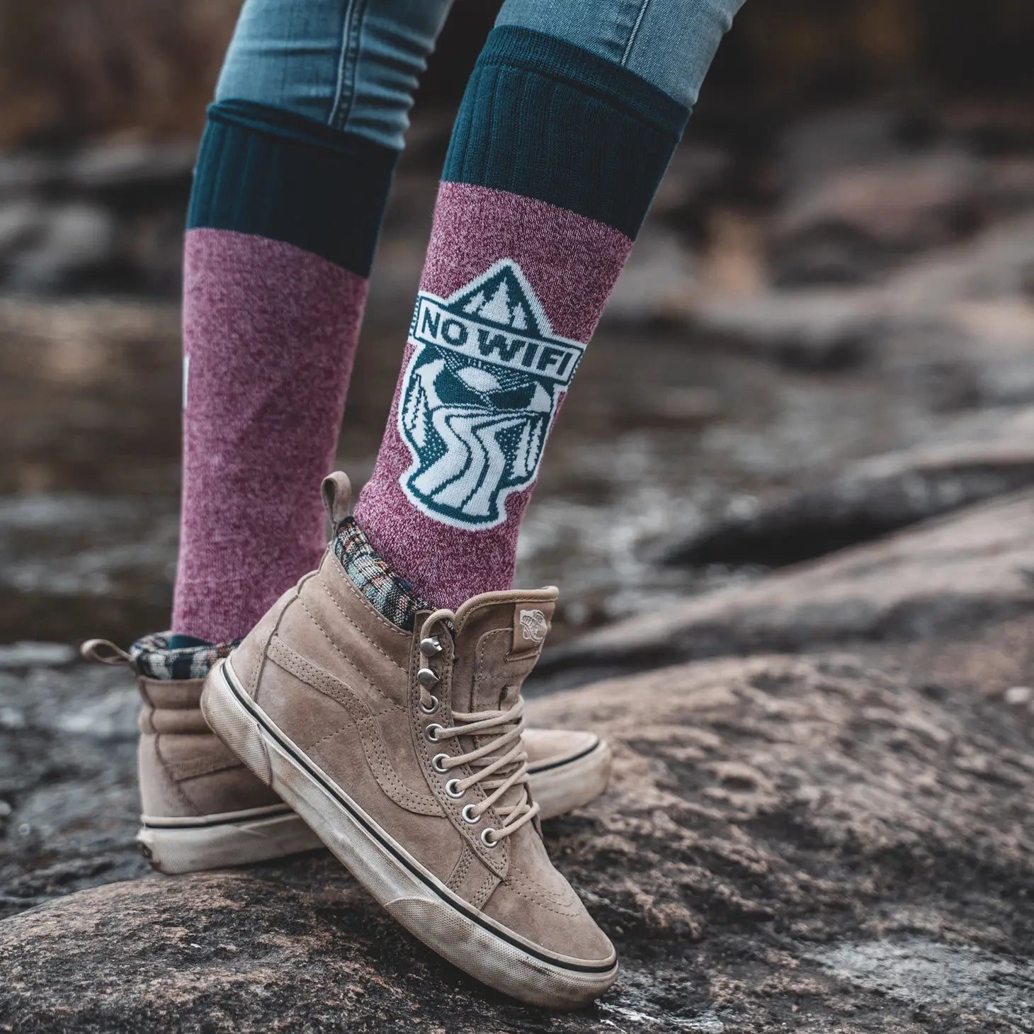 "Step up your hiking game with these berry-licious hiking socks! These 'No Wifi' women's socks are perfect for a tech-free adventure in the great outdoors, while keeping your feet comfy and stylish!