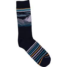These blue and yellow stripes represent the coastal mountains in this pattern. Heels and toes are reinforced to make the socks more durable and comfortable made form a lightweight Merino wool blend.