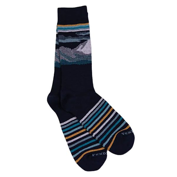 These blue and yellow stripes represent the coastal mountains in this pattern. Heels and toes are reinforced to make the socks more durable and comfortable made form a lightweight Merino wool blend.