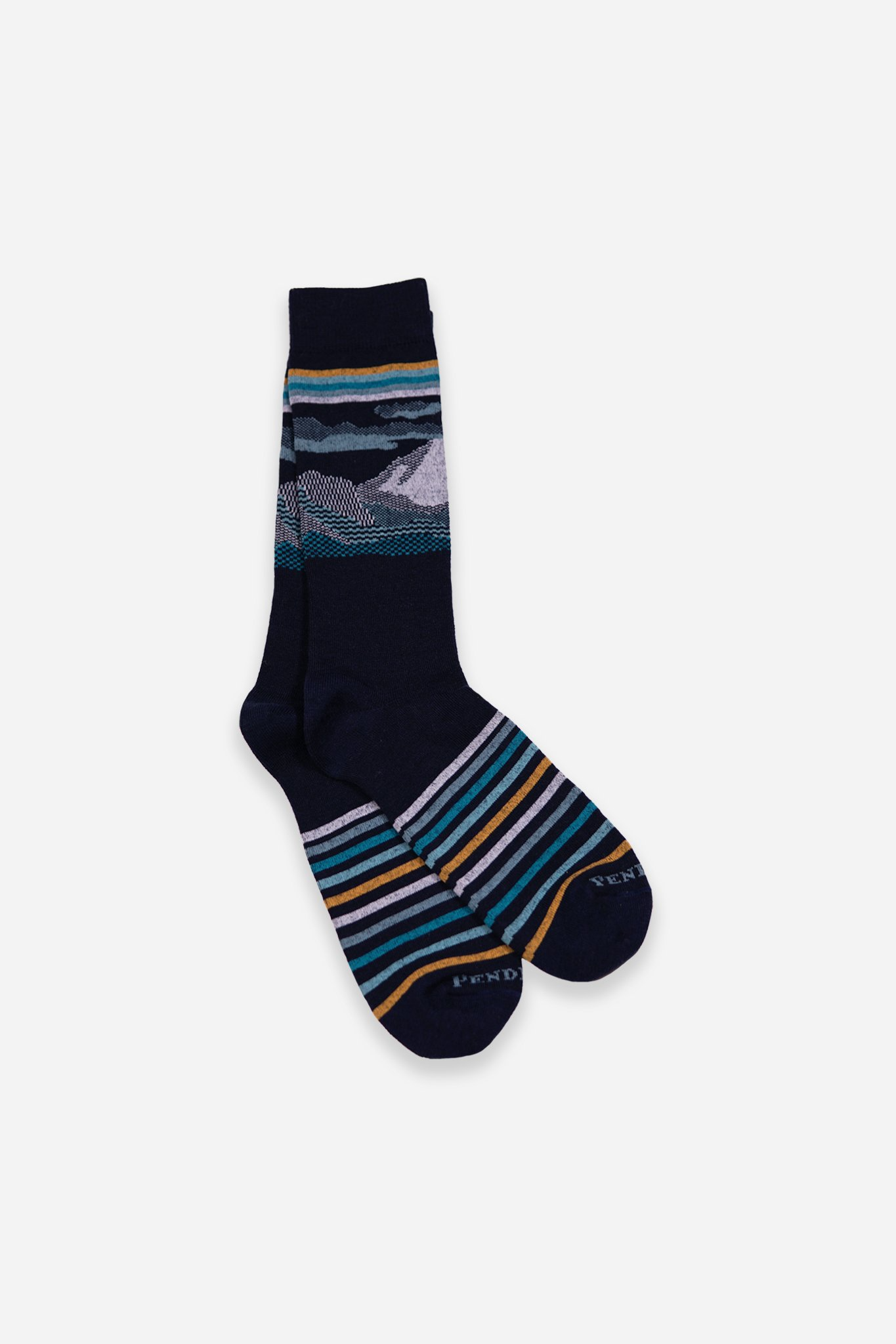 These blue and yellow stripes represent the coastal mountains in this pattern. Heels and toes are reinforced to make the socks more durable and comfortable made form a lightweight Merino wool blend.