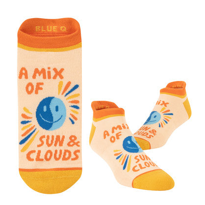 "Step up your sock game with our 'a mix of sun & cloud' socks! Perfect for any weather forecast, adding a pop of color to your shoes ☀️☁️🧦. Ankle Socks