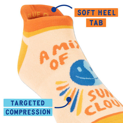 "Step up your sock game with our 'a mix of sun & cloud' socks! Perfect for any weather forecast, adding a pop of color to your shoes ☀️☁️🧦. Ankle Socks