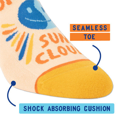 "Step up your sock game with our 'a mix of sun & cloud' socks! Perfect for any weather forecast, adding a pop of color to your shoes ☀️☁️🧦. Ankle Socks