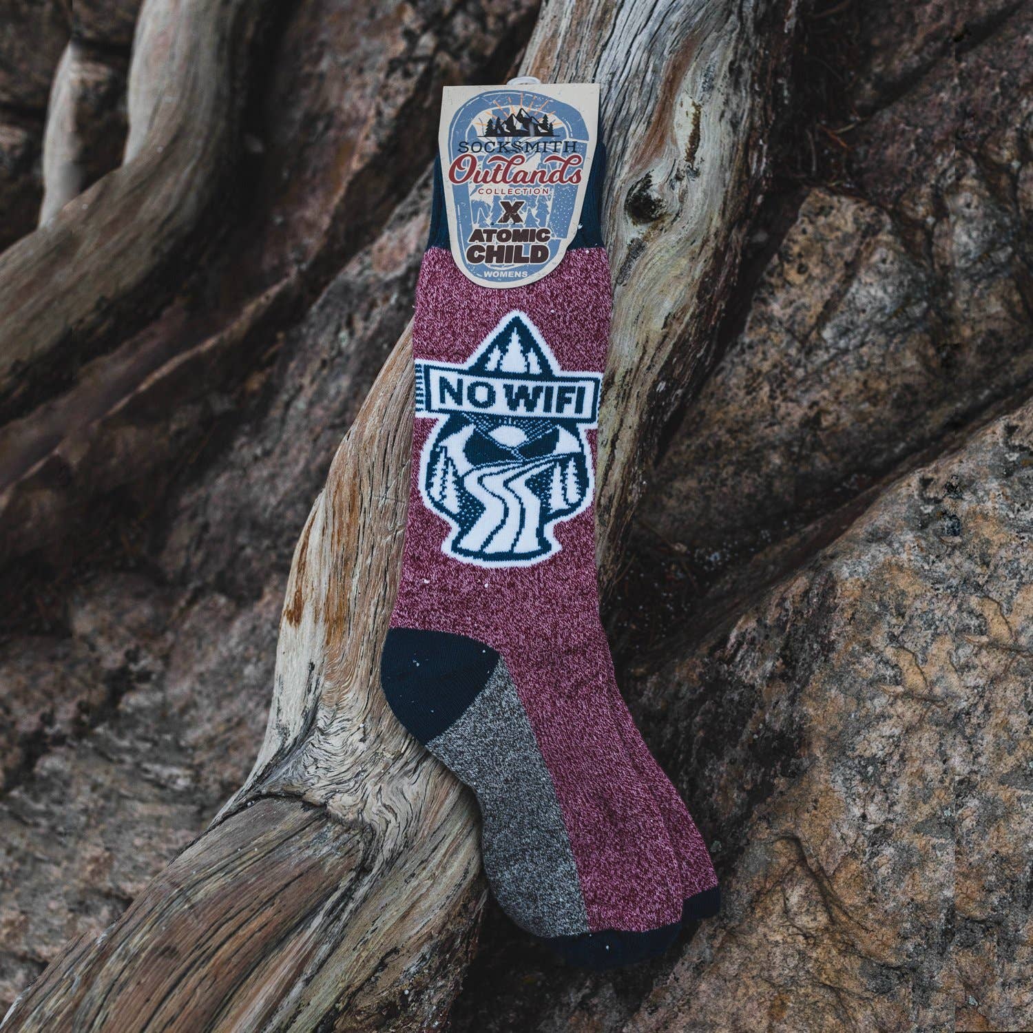 "Step up your hiking game with these berry-licious hiking socks! These 'No Wifi' women's socks are perfect for a tech-free adventure in the great outdoors, while keeping your feet comfy and stylish!