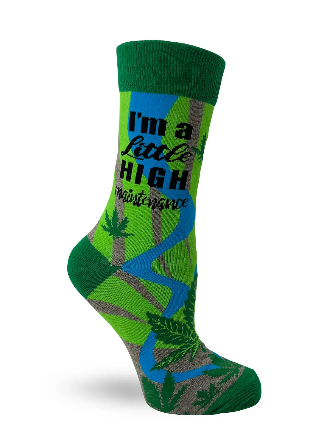 I'm a Little High Maintenance Women's Crew Socks. Funny cannabis novelty socks featuring pot leaves. Great 4:20 gift with marijuana plants. Stylish and comfortable!