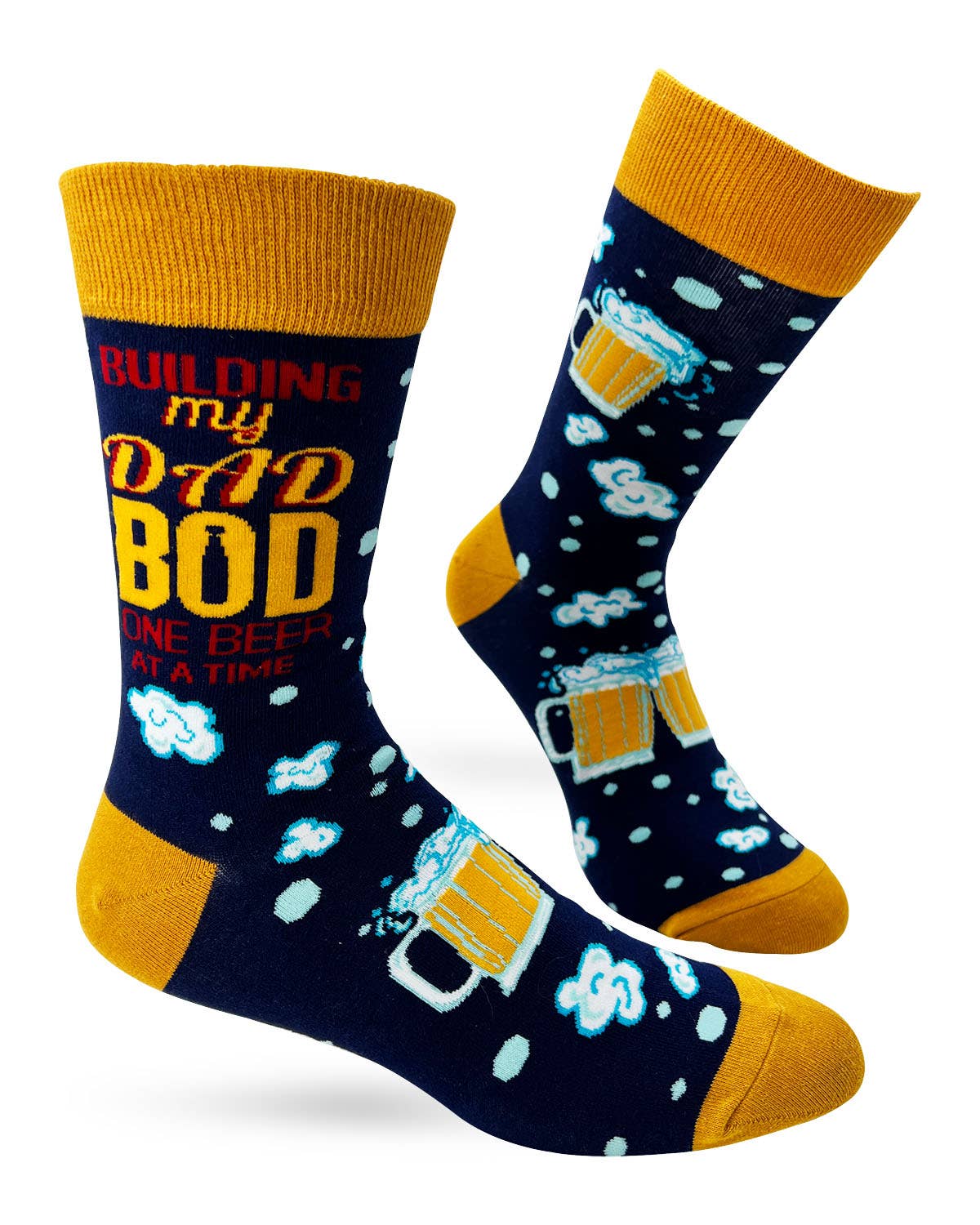 Funny men's novelty crew socks with the saying "Building My Dad Bod One Beer At A Time." Stylish and comfortable!