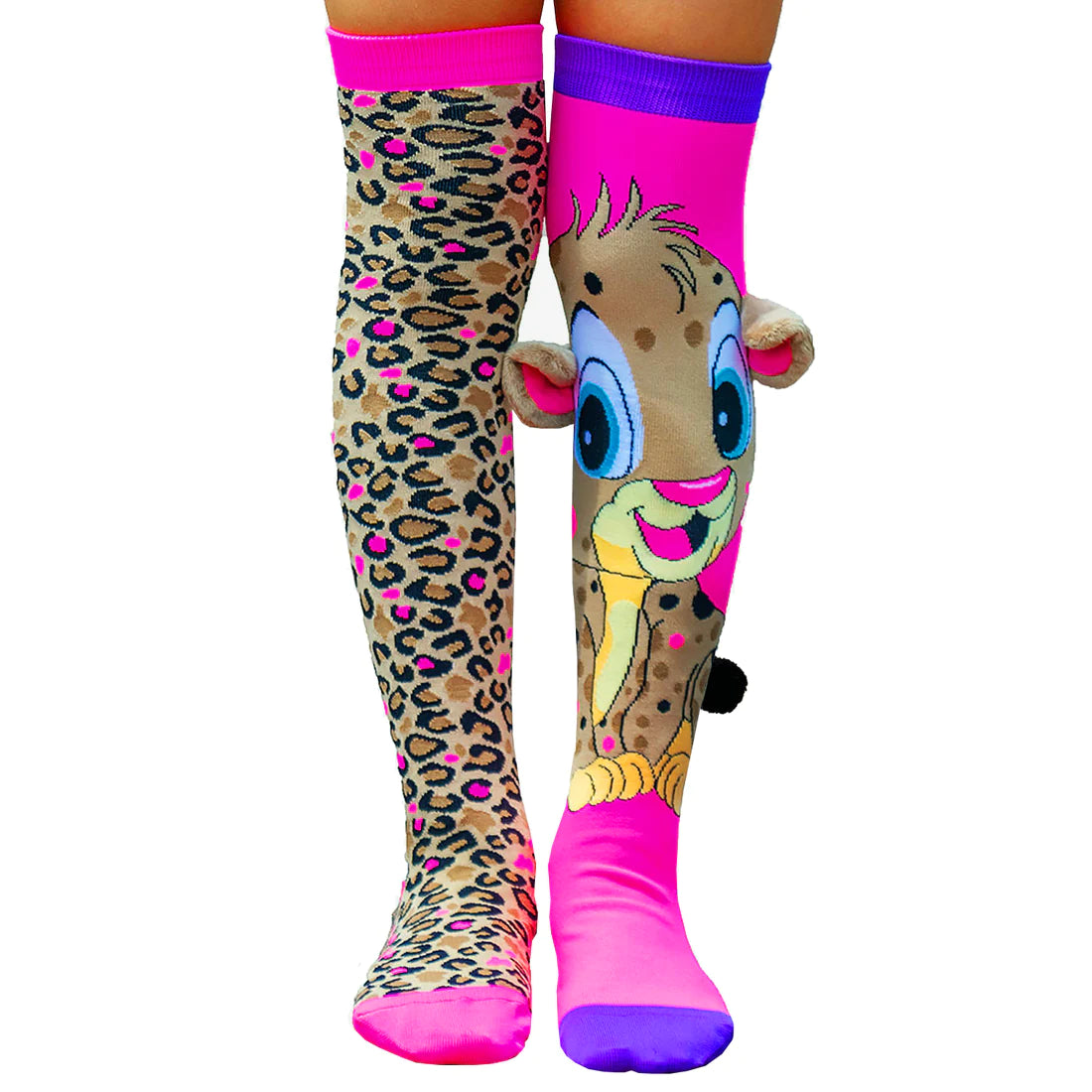 With our Cheeky Cheetah Socks in leopard print, embrace your wild side. They'll instantly make any outfit stand out thanks to their textured leopard style and real Cheetah with velvet ears and a pom pom tail. Roar!