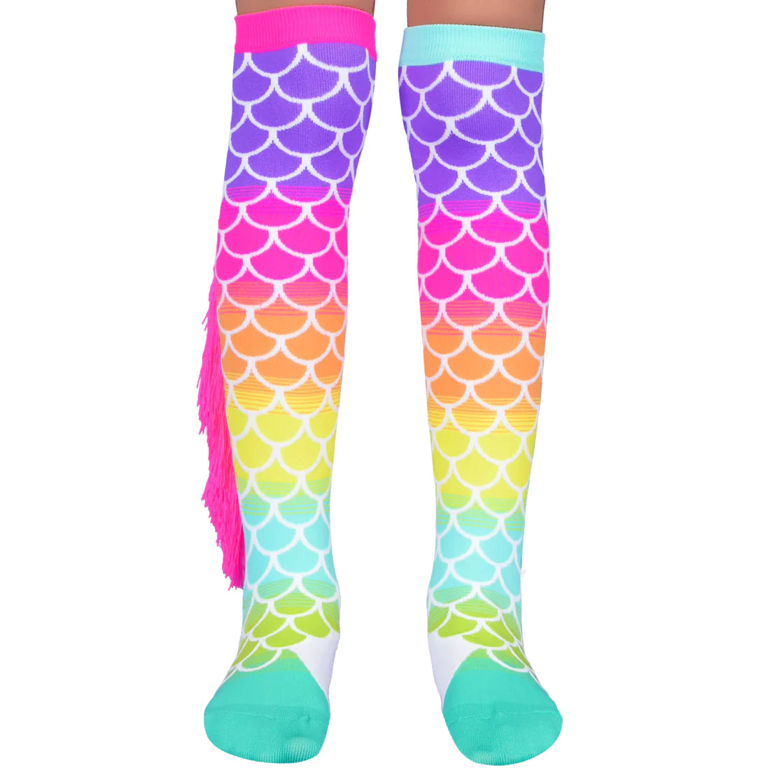 In my MADMIA Mermaid Socks, I'll just be a mermaid for the day even though I'm going to change the world.  Embrace your inner mermaid with these mix-and-match MADMIA Mermaid Socks in blue and pink with a matching scale design. With tassels that will cause you to dance and move like a mermaid.