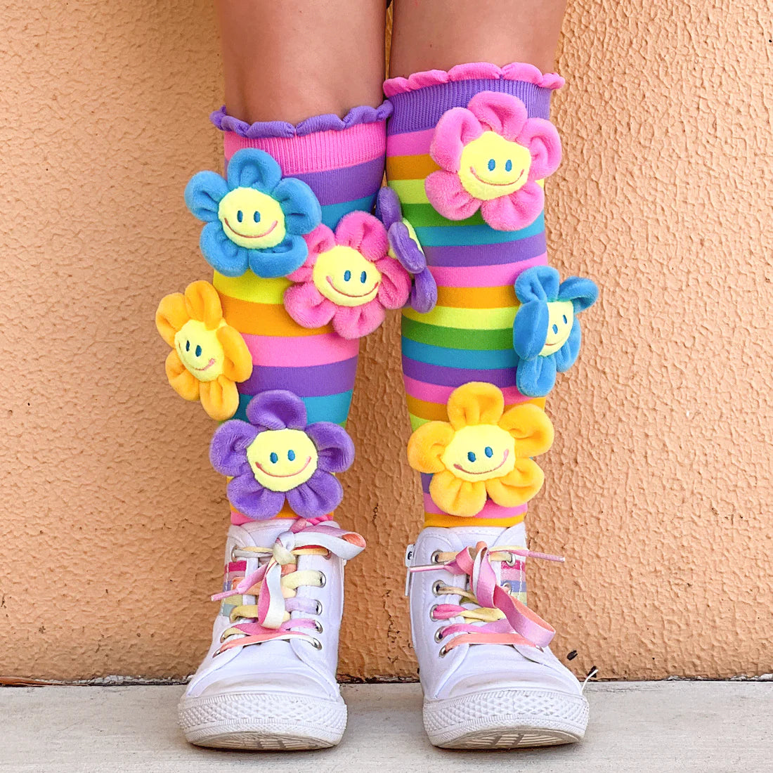 With our vibrant Flower Fun Socks, which include plush flowers manufactured to order, welcome spring!  The flower's vibrant and upbeat colours will add life to any outfit and a hint of spring to your wardrobe all year long.