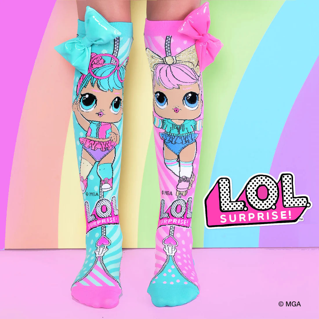 Wear a pair of our adorable L.O.L SURPRISE & MADMIA BONBON & DAWN Socks to become a better version of yourself! With these eye-catching socks that have a pink and blue MADMIA bow at the top, you'll stand out from the crowd!