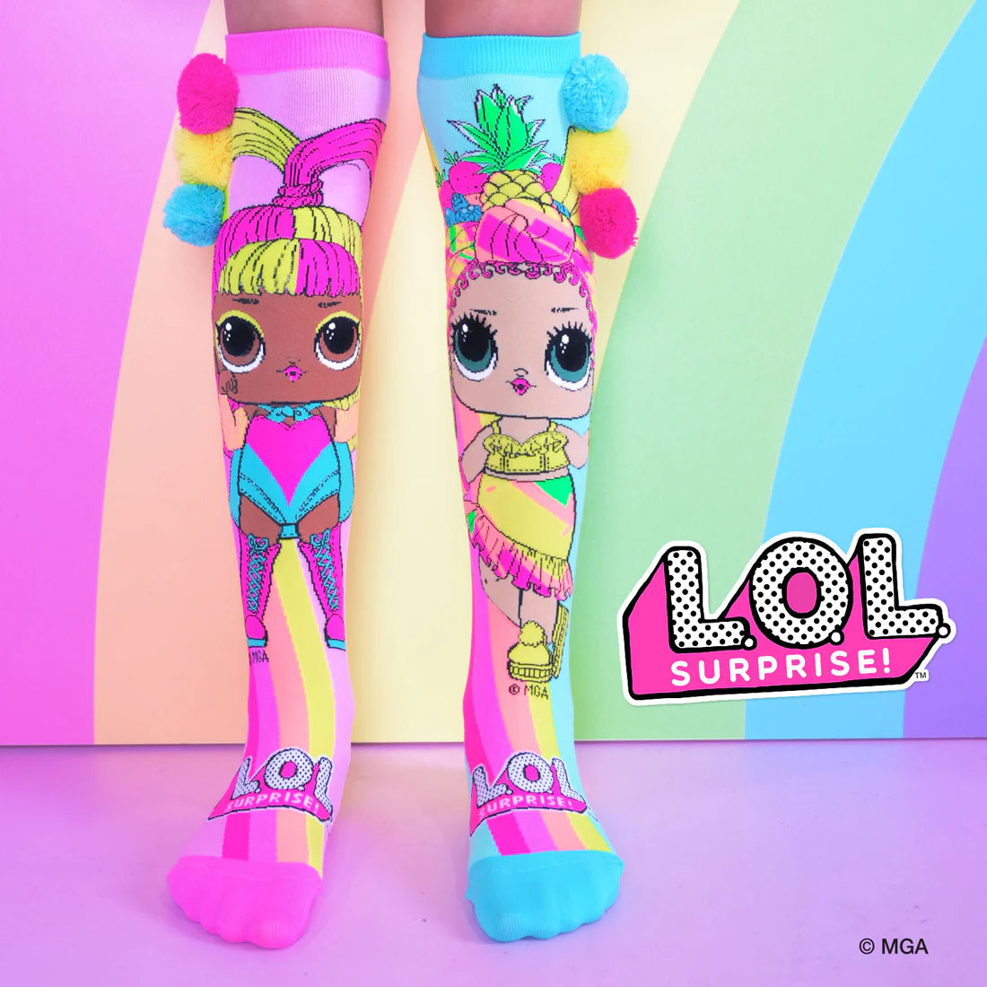 These adorable LOL SURPRISE & MADMIA CHICA & GLOW Socks will make everyone happy. This colourful pair of fun lol surprise socks make a striking statement thanks to its daring style, vibrant colours, and side-attached unique Pom Poms.