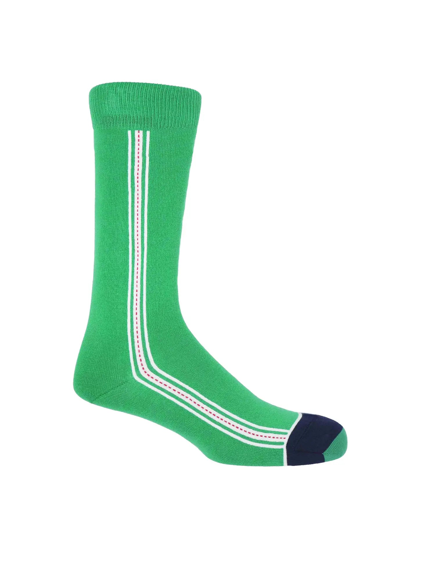 Green striped men's socks, in a solid, brilliant colour with a single seam design that calls to mind the famous cricket ball, are a great way to add a little pizzazz to any outfit, regardless of whether or not you're a cricket fan.