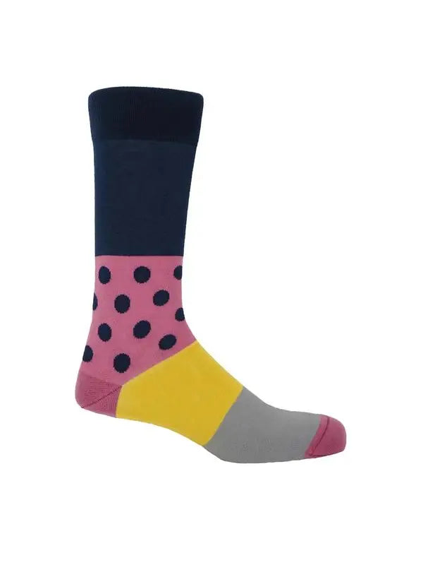 These are the men's Mayfair socks in navy, and they're very stunning. The brightly coloured socks would look great with any of his ensembles. Luxury men's socks in a timeless design with a modern twist, featuring a solid navy cuff with pink and navy polka dots and a gorgeous yellow and grey sole.