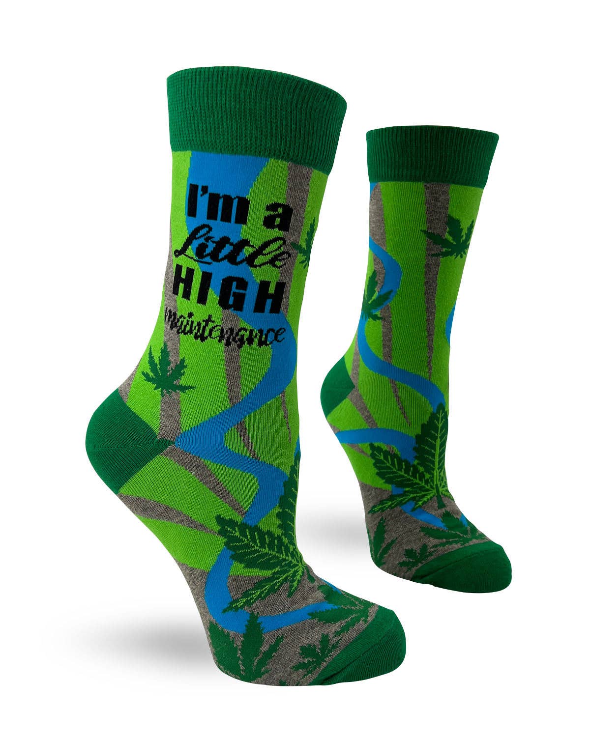 I'm a Little High Maintenance Women's Crew Socks. Funny cannabis novelty socks featuring pot leaves. Great 4:20 gift with marijuana plants. Stylish and comfortable!