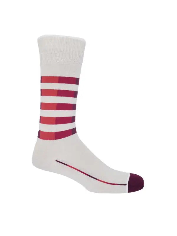 These men's cream-colored premium Quad Stripe socks are a classic style updated with modern materials and colours. Gorgeous multicoloured stripes in burgundy, crimson, and peach set against a creamy backdrop. 