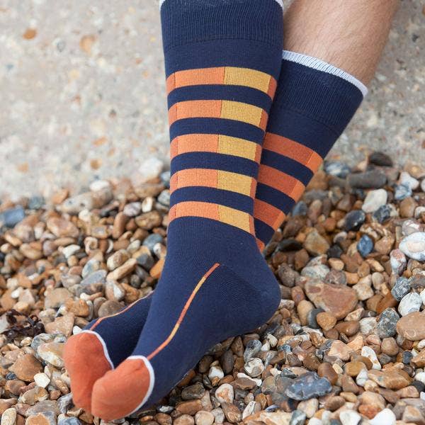 Navy quad-striped men's luxury dress socks 