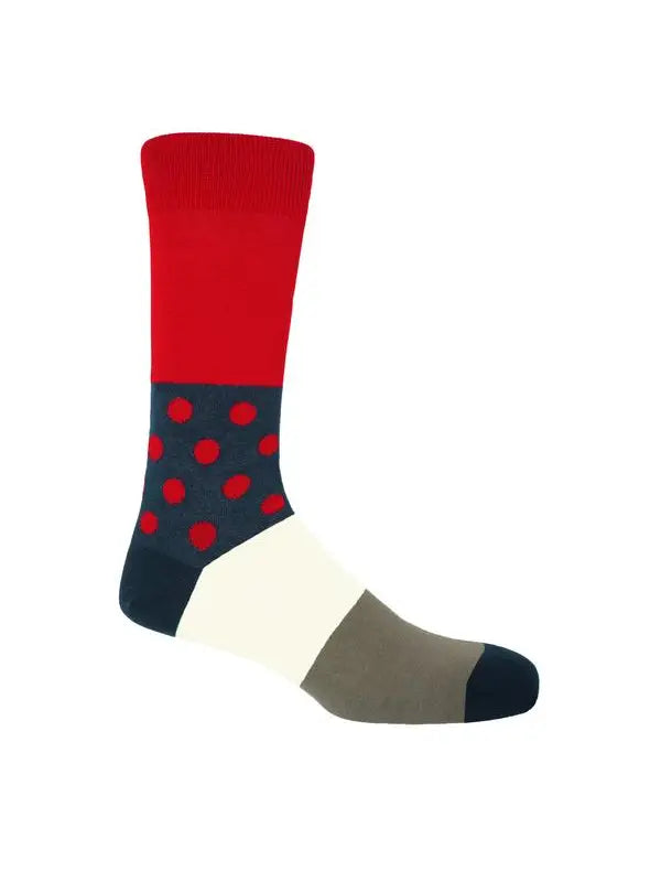 Men, meet the striking scarlet Mayfair socks. These timeless but modern socks will be a great addition to any of his wardrobe staples. These high-quality men's socks are designed for guys who value traditional fashion but also appreciate edgy details, such as the modern polka dots on the crimson red cuff and the sophisticated cream and grey sole. 
